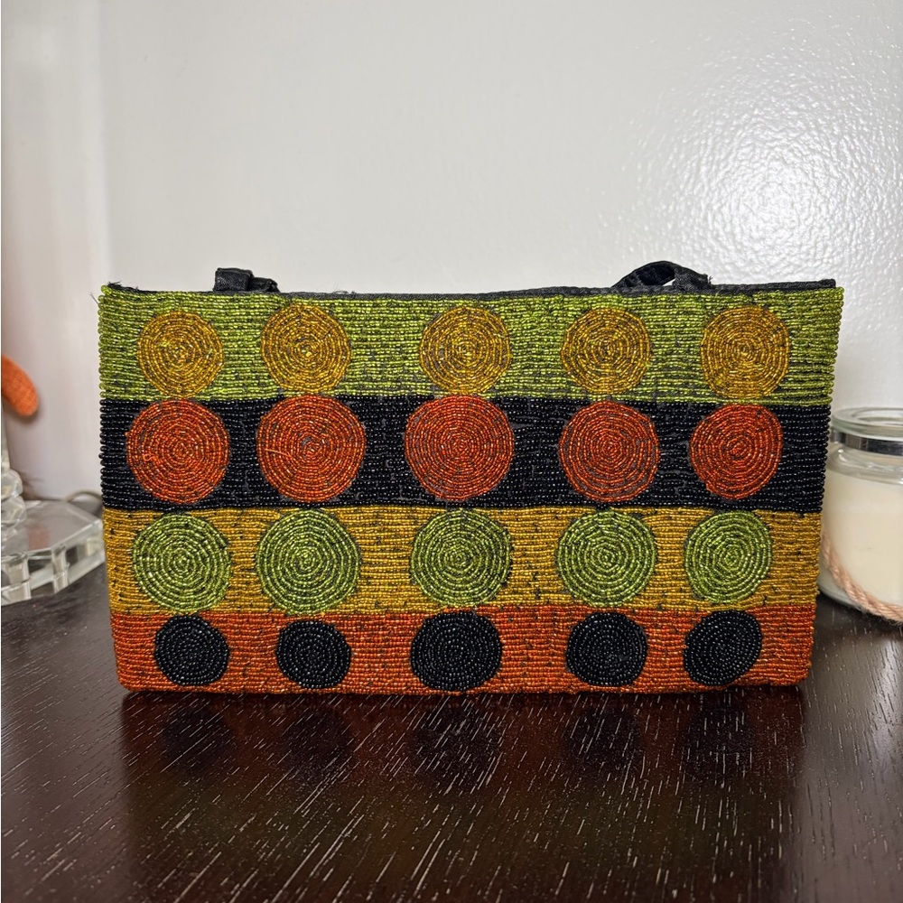 Hand-Beaded Mini Bag in Green, Orange & Black